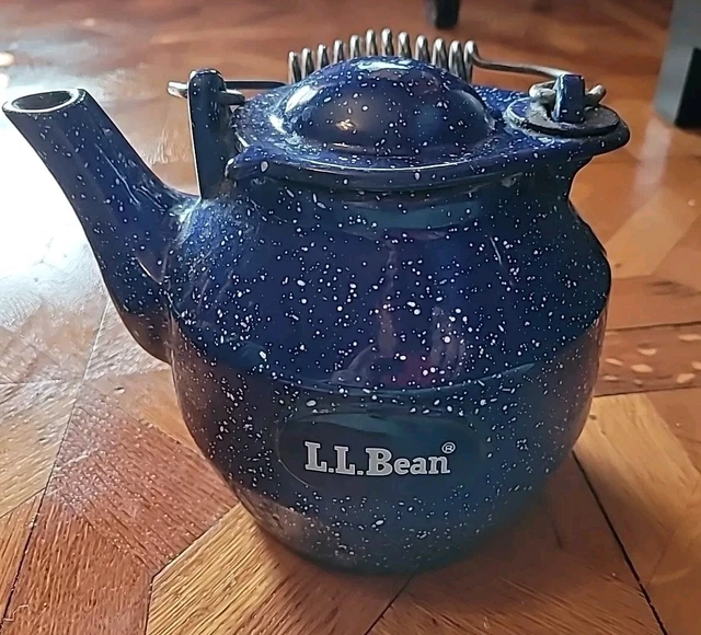 VINTAGE LL BEAN Blue Speckled Enamel Over Cast Iron Tea Pot Kettle 