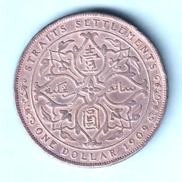 Straits Settlements.  1909 One Dollar..  gVF- Trace Lustre