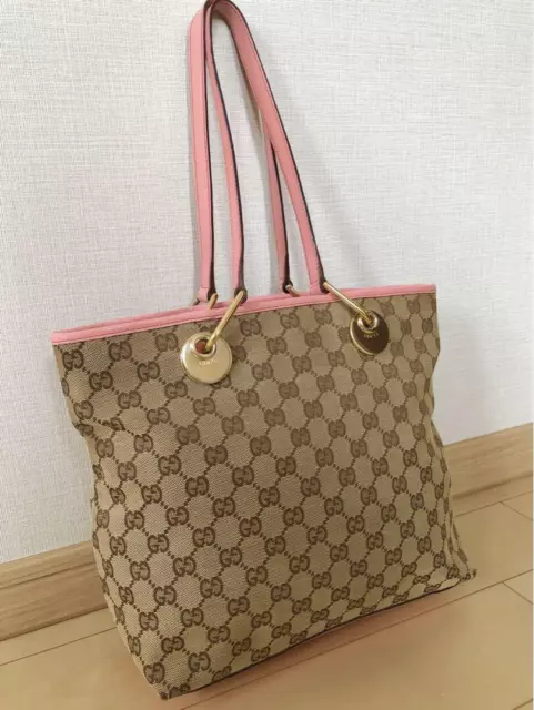 GUCCI Tote Bag Shoulder GG Canvas Leather Pink Gold Authentic MBa0585