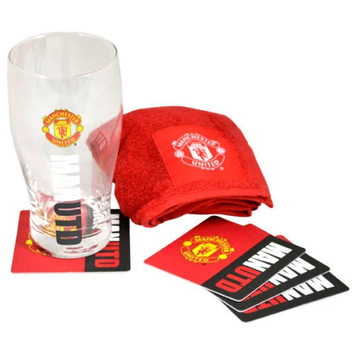MANCHESTER UNITED FC Mini Football Bar Set (Pint Glass, Towel,Coasters