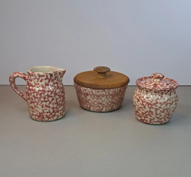 3 Pc Roseville Pottery Gerald E Henn Spongeware Creamer Sugar Bowl Henn Lid Red