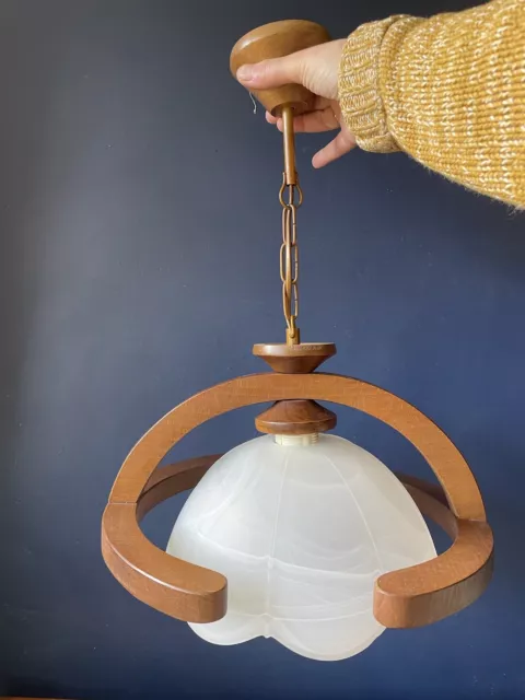 Vintage Retro Mcm Halo Teak And Glass Light Fitting