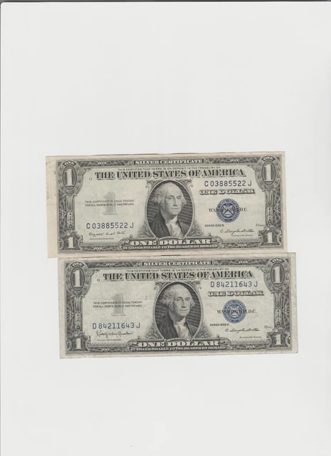 2 Notes 1935 G-H (1 with motto & 1 without motto) One dollar Silver Certificate