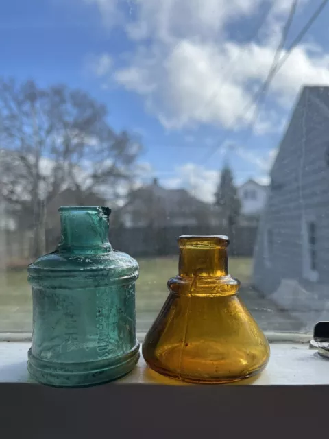 Vintage Pair Of Colored Ink Bottles Green Staffords Amber Cone