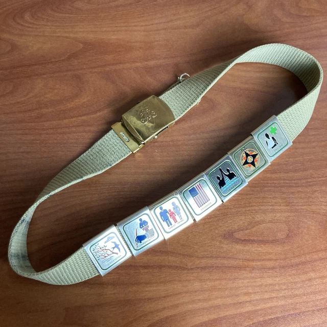 VINTAGE BOY SCOUT Belt with Skill Awards Metal Loop Badges BSA Cub 7.