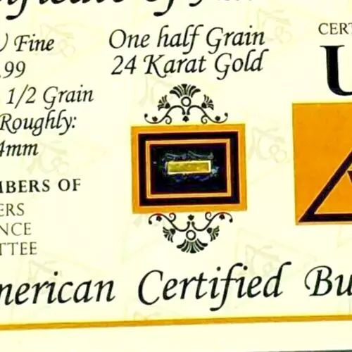 Acb Gold 1/2Grain 24K Solid Bullion Minted Bar 9999 Fine Cert Of Authenticity