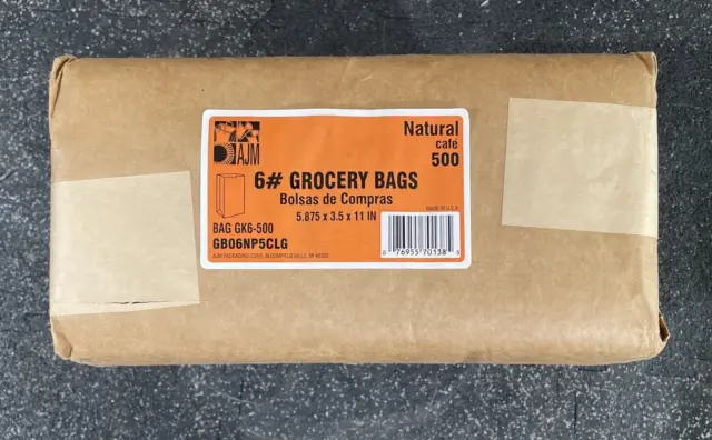 AJM General #6 Kraft Paper Grocery Bags, 35 lbs. Capacity, 500 Bags, Natural