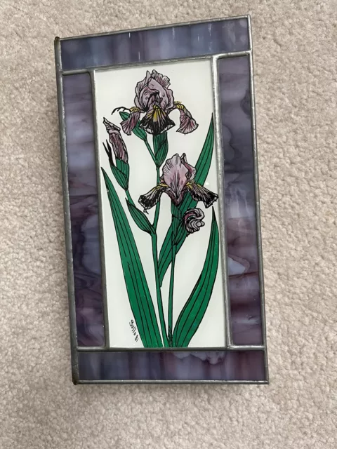 Sullo 1981 Reverse Handpainted Irises Stained Glass Trinkit Box Signed Preowned