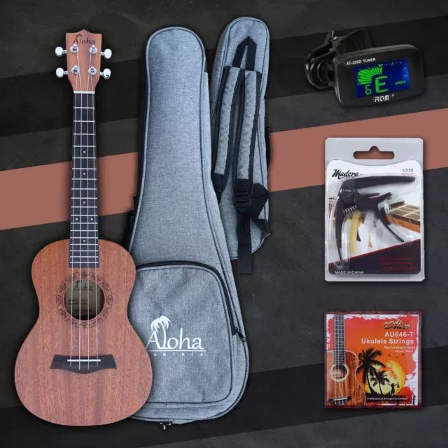 Sapele Wood Ukulele Aloha, Double pad Bag, Tuner, Capo, Strings. (Free Ship USA)