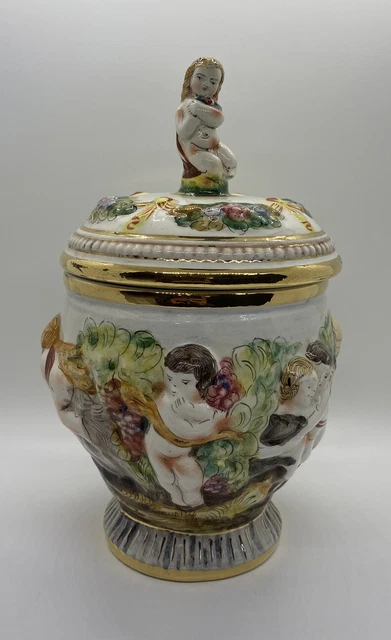 CAPODIMONTE - Made in Italy - 10” URN VASE JAR - Cherubs Grapes - Beautiful