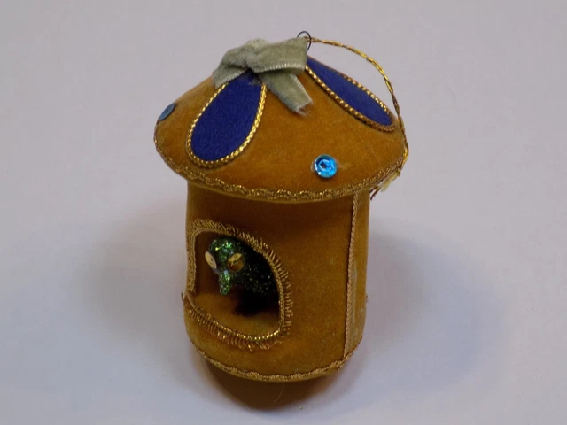Bird House Vintage Velvet Mushroom Ornament Christmas Tree Holiday Old Blue 4"
