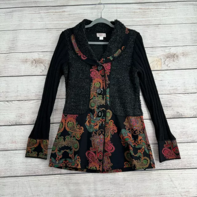 Kamana Wool Blend Floral Paisley Print Cardigan Sweater Women's Size S Black