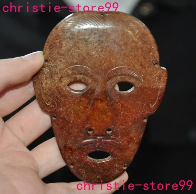4" China Hongshan culture Old jade carved sacrifice Human face mask yubi statue