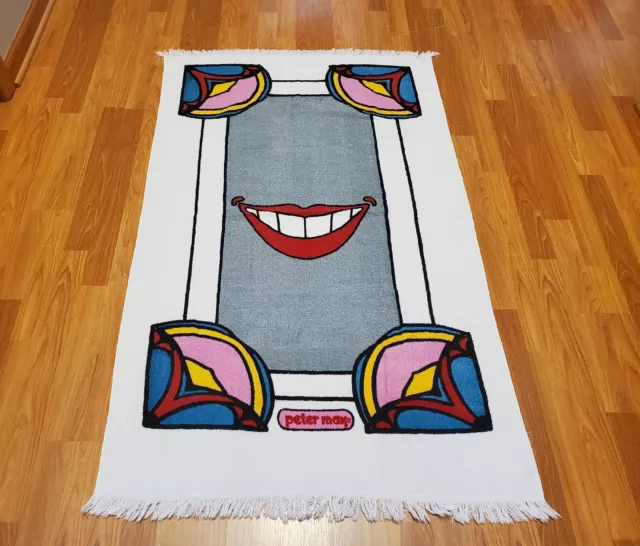 Vtg Mid Century retro 70s 60s Peter Max smiling face psychedelic fabric towel!