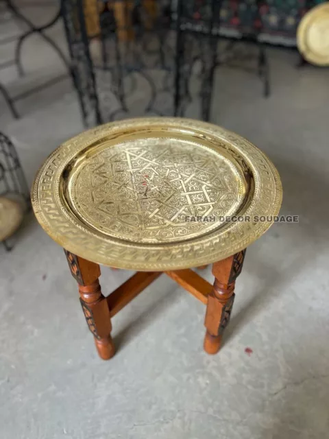 Handmade Moroccan Round Brass Tray Tea Table with folding Wood Stand Thuya Wood 2