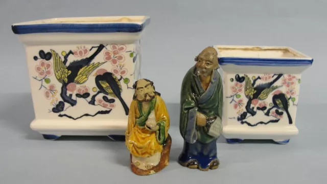 Oriental Asian Japanese Bonsai Set  4 Pc Set  2 Figures & 2 Planter Pots Vintage