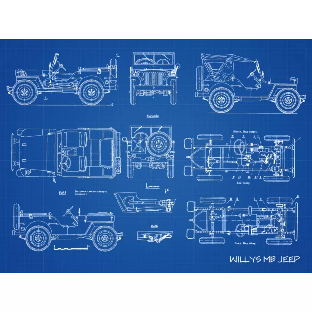 Willys MB US Militär Jeep Fahrzeug Bauplan riesige Wandkunst Posterdruck