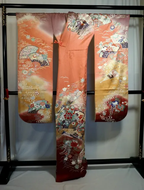 Japanese kimono SILK"FURISODE" long sleeves, Gold /Silver , Flower Fan,L64".3186