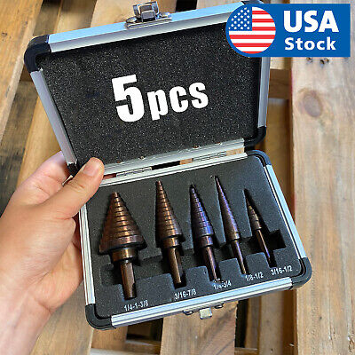 USA 5Pcs Large Metal Step Drill Bit Set HSS Multiple Hole 50 Sizes w/ Case