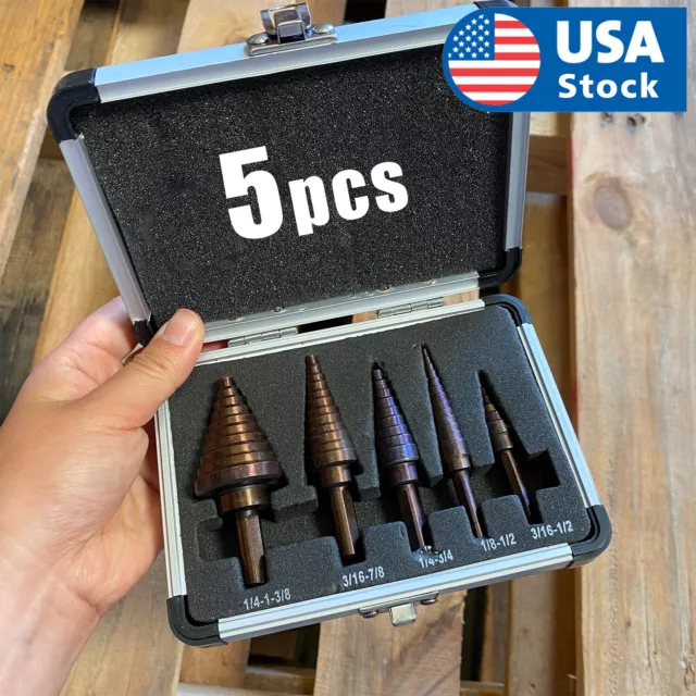USA 5Pcs Large Metal Step Drill Bit Set HSS Multiple Hole 50 Sizes w/ Case