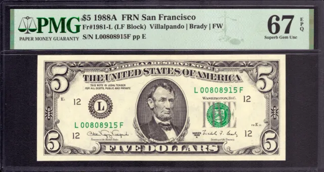 1988 A $5 Federal Reserve Note San Francisco Fr.1981-L Pmg Superb Gem 67 Epq