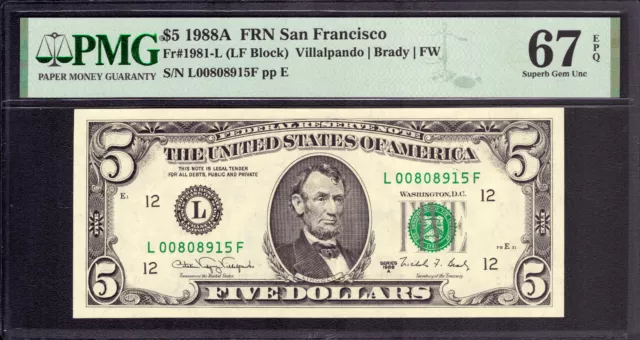1988 A $5 Federal Reserve Note San Francisco Fr.1981-L Pmg Superb Gem 67 Epq
