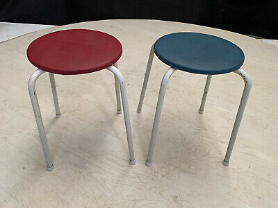 EB2357 Two White Steel Stools with Red & Blue Circular Seats Vintage Stackable 3