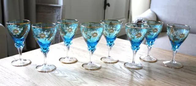 Italian Venetian Murano 8 Hand Crafted Blue Floral Wine Glasses 6"