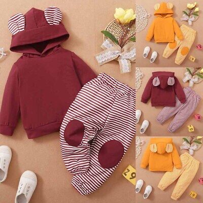 Toddler Baby Boys Girls Kids Hooded Tops Stirped Clothes Long Pants Outfits Set