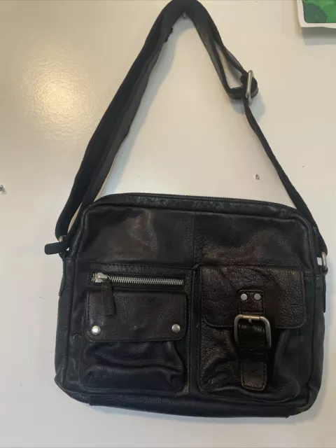 FOSSIL Black Leather Messenger Work Organizer Crossbody Bag Unisex