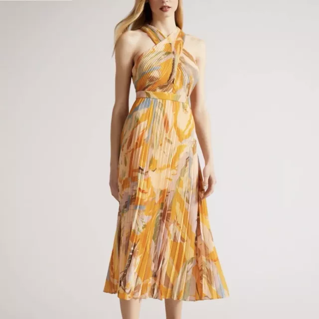 TED BAKER ANSA CROSS FRONT PLEATED MIDI DRESS ORANGE/MULTI Sz. 0