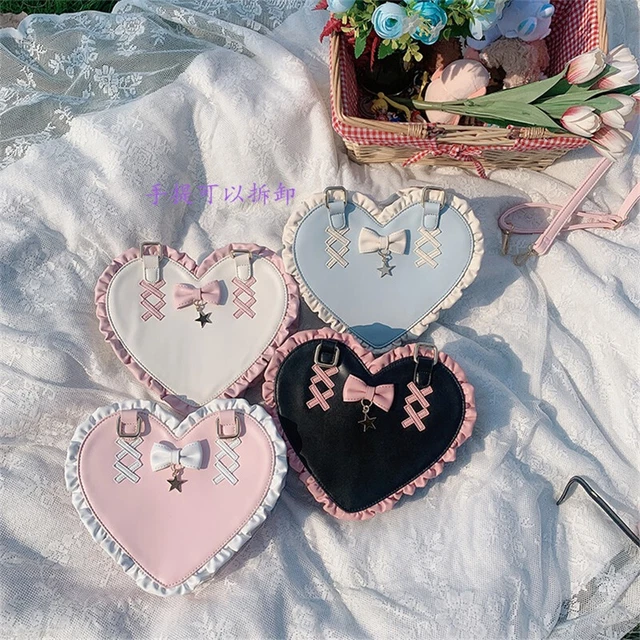 Cute Heart Shape PU Leather Handbag Women Lolita Bowknot Crossbody Shoulder Bags