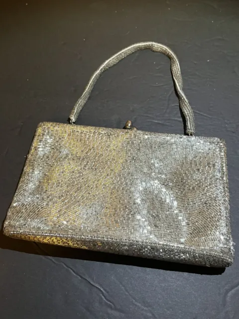 Nice Vintage Magid Silver Hand Beaded Purse Evening Bag Handbag Clutch Japan!