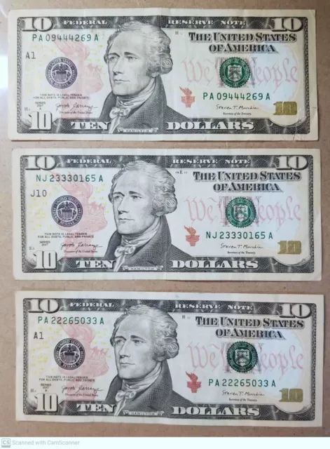 US Bank Notes $10 Ten Dollar Bills Consecutive Triples Serial Number Fancy Cool
