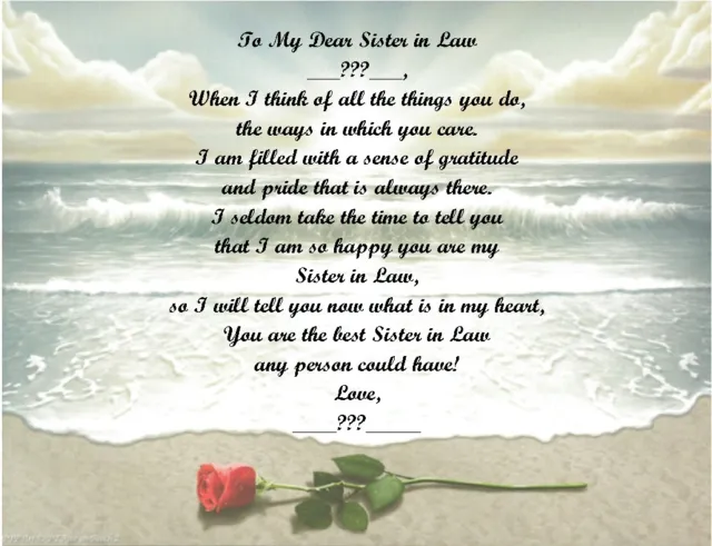 Christmas /Birthday Gift For Sister in Law Personalized Poem Gift Rose on Beach