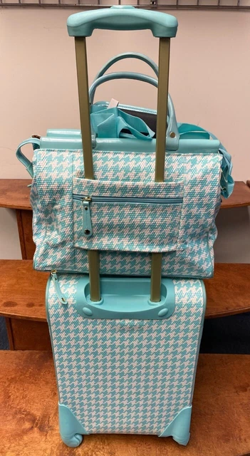 New Samantha Brown Houndstooth 2 Piece Set 20"/Tote Seafoam/White Color Spinner 2