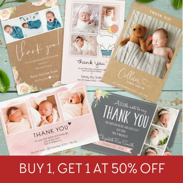 10 x Personalised Thank You Cards ~ Baby Boy or Girl Birthday Christening (B3)