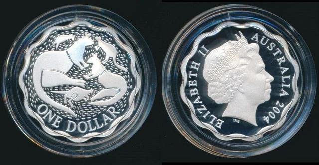 Australia: 2004 $1 Silver Proof - Scalloped Aboriginal Kangaroos. Very Scarce.