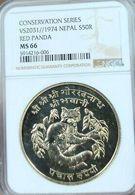 1974 Nepal Silver 50 Rupee S50R Red Panda Ngc Ms 66 Scarce Gem Bu Low Mintage !