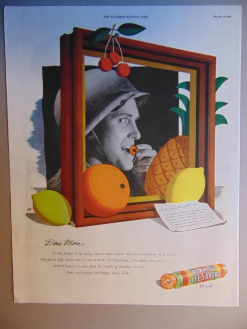 1944 Soldier Eats Five Flavor LIFE SAVERS Writes Mom Sends Snapshot art print ad