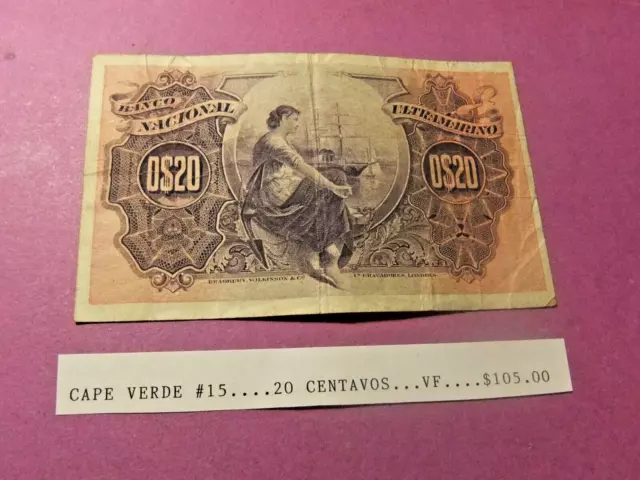 VERY RARE 1914 Cape Verde 20 CENTAVOS Banknote - VF 2
