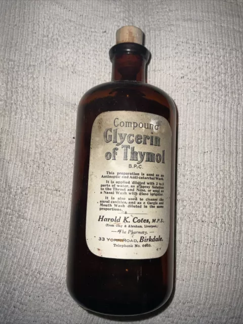 Vintage Chemist Bottle Compound Glycerin Of Thymol Cotes Chemist Birkdale