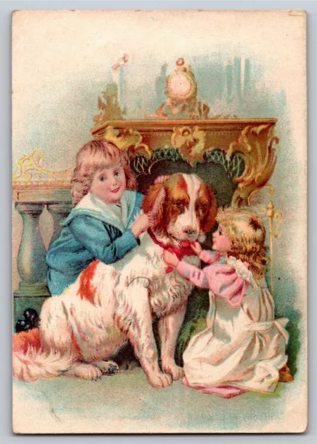 Emlet & Jenkins Hanover, PA Poultry Powder Victorian Trade Card Boy Girl w. Dog