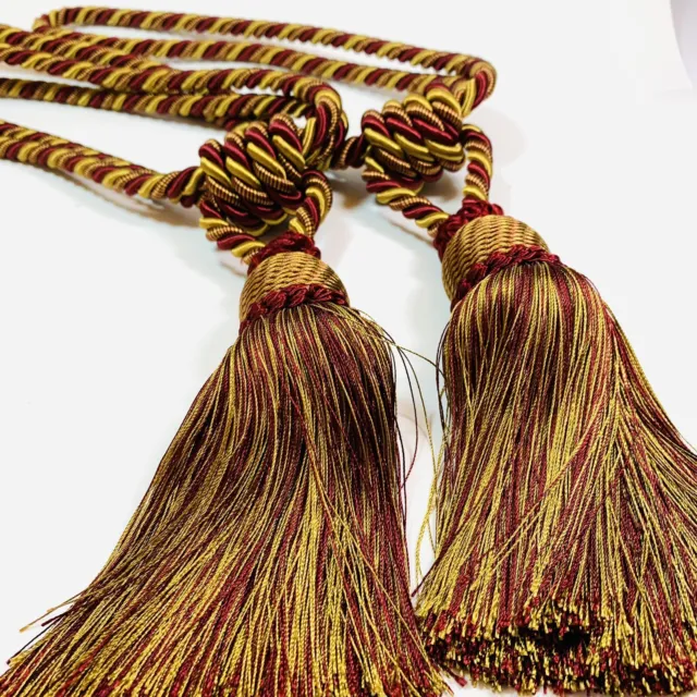 Drapery Curtain Tassels Tie Backs Braided 2 Burgundy Double Cord Rope Gold 21"