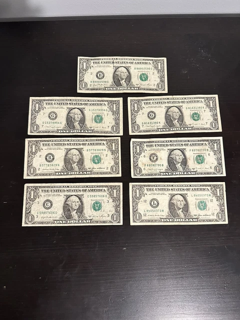 Lot of 7 $1 One Dollar US Notes Circulated OLD BILLS 1980’s