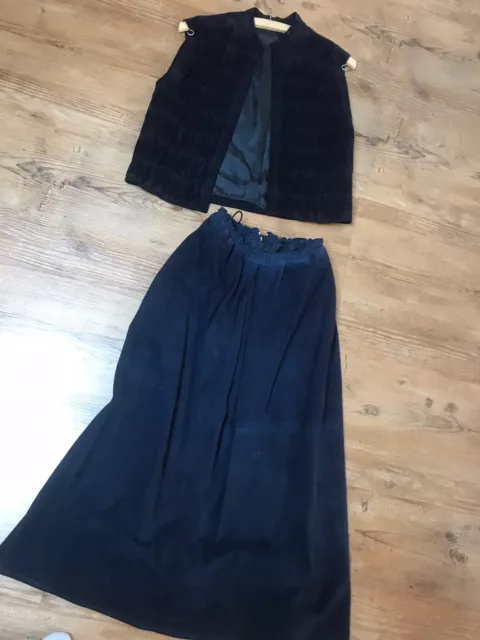 ✅2 Tlg. Wildleder Kostüm Rock  & Weste Dunkelblau Highwaist GR.36/38 ✅Retro