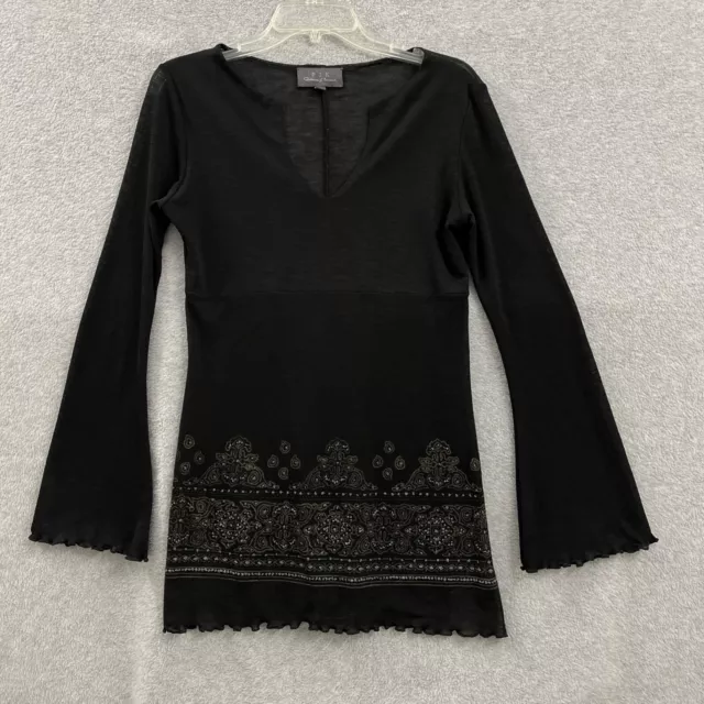 PJK Patterson J Kincaid Top Women's Small Black Beaded Long Sleeve Semi Sheer