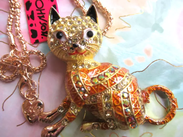Betsey Johnson Yellow Orange Enamel Cat Kitten Crystal Pendant Necklace Nwt