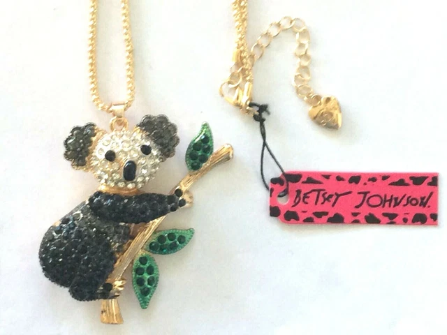 Betsey Johnson Black White Rhinestone Koala Crystal Gold Plated Pendant Necklace