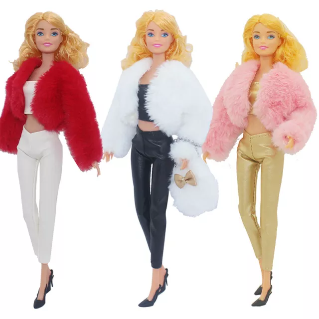 Colorful Faux Fur Coat Jacket Clothes Set For 11.5" Doll Outfits Gown Pants Bag